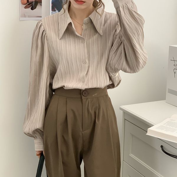 

2021 new women wrinkles blouse autumn winter female workwear solid color chic long sleeve femme shirts p425, White;black