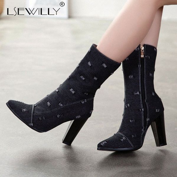 

lsewilly plus size 33 50 denim boots short pointed toe women autumn winter high heels zipper ankle boots shoes woman lightblue b4ir#, Black