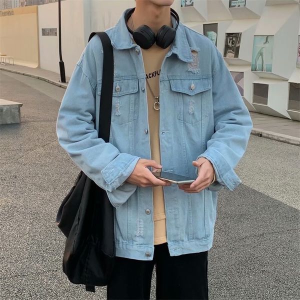 

spring and autumn brand korean perforated denim 2021 men's loose bf style handsome jacket fashion, Black;brown