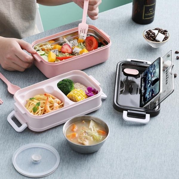 

dinnerware sets compartments bento lunch box rectangular portable microwave container office stainless steel lunchbox school child lonc
