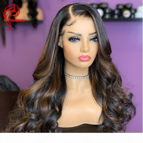 

hesperis brown highlight side deep part lace front human hair wigs brazilian remy wave 13x4 lace front wigs bleached knots, Black;brown