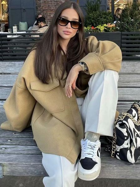 

women's jackets 2021 autumn fashion simple atmosphere woolen texture lapel long-sleeved loose and thin temperament jacket, Black;brown