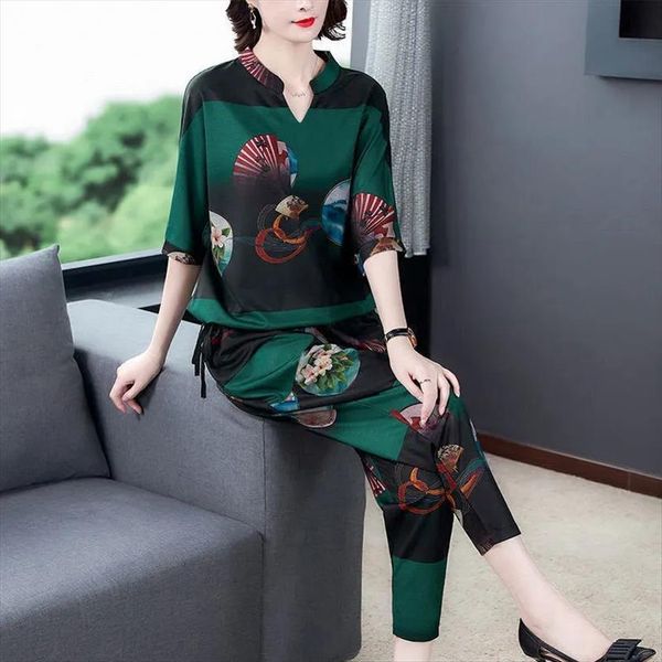 

printing half sleeve harem womenpant suit casual loose big size 5xl two piece sets ladies mom korean summer set, White