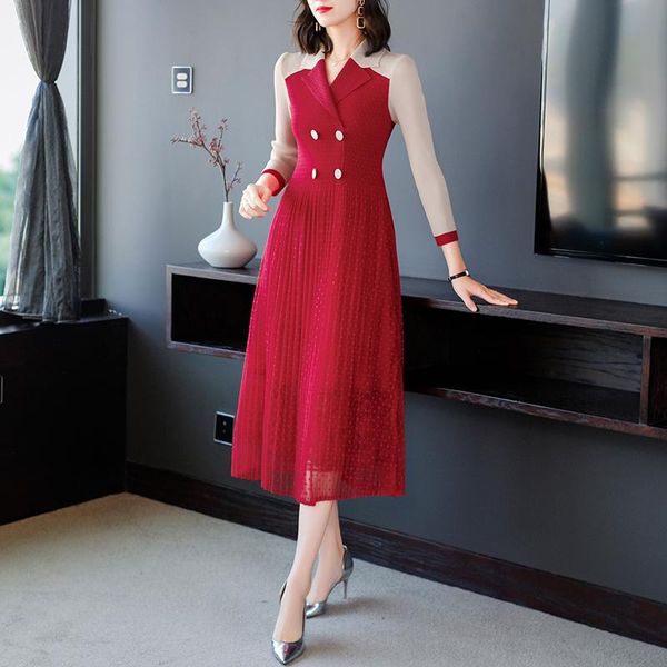 

casual dresses 2021 polka dot print mesh patchwork office ladies elegant midi summer pleated slim high waist dress women vestidos, Black;gray