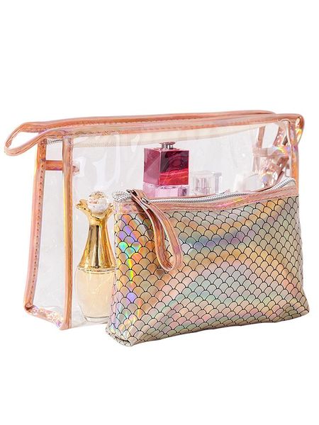 

storage bags 2-piece fashion fish scales laser cosmetic bag travel waterproof transparent illusion wash gift package desk organizer