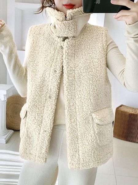 

women's vests 2021 waistcoat autumn and winter jacket wear korean version of fur lamb plush vest, Black;white