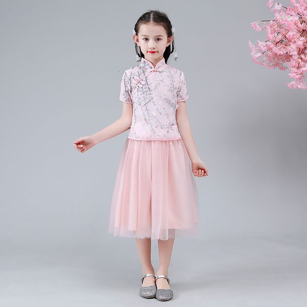 

children chinese sweet mesh dress exquisite flower appliques cheongsam vintage button trim elegant banquet gown 0z47, Blue;red