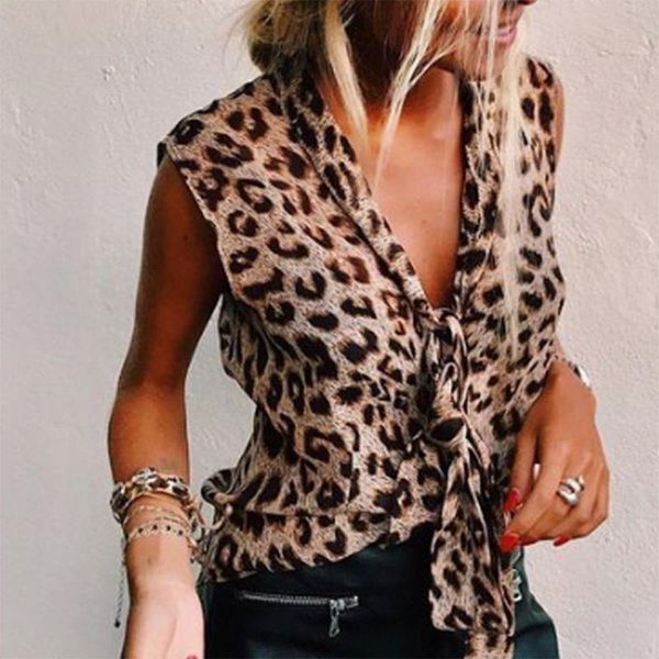 

women summer regular leopard print v neck bow sleeveless tank vest shirt blouse drop shipping, White