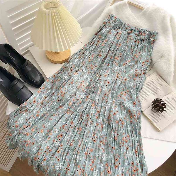 

summer korean style retro elastic waist floral folds cover meat and slim a fairy long skirt chiffon 210529, Black