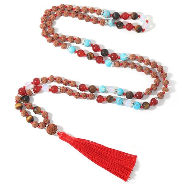

pendant necklaces shinus boho 108 mala beads 6mm bodhi 8mm yellow tiger eye zircon spacer necklace handmade knotted buddha tassel jewelry, Silver