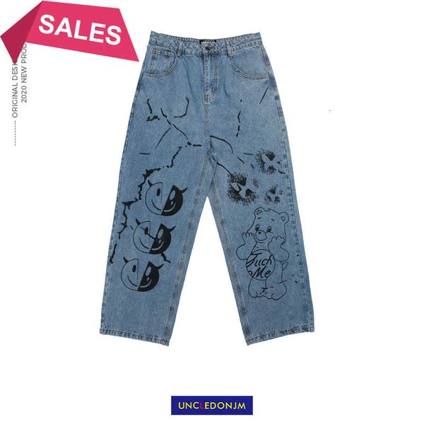 

uncledonjm cartoon graffiti jeans men ins street hip-hop popular brand loose wide leg pants denim trousers mens ad-2039, Blue