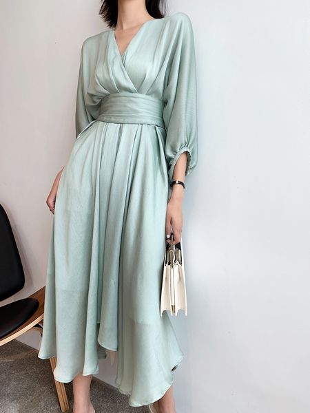

2021 new women vintage v-neck long sleeve draped irregular midi autumn elegant runway 1r3i, Black;gray