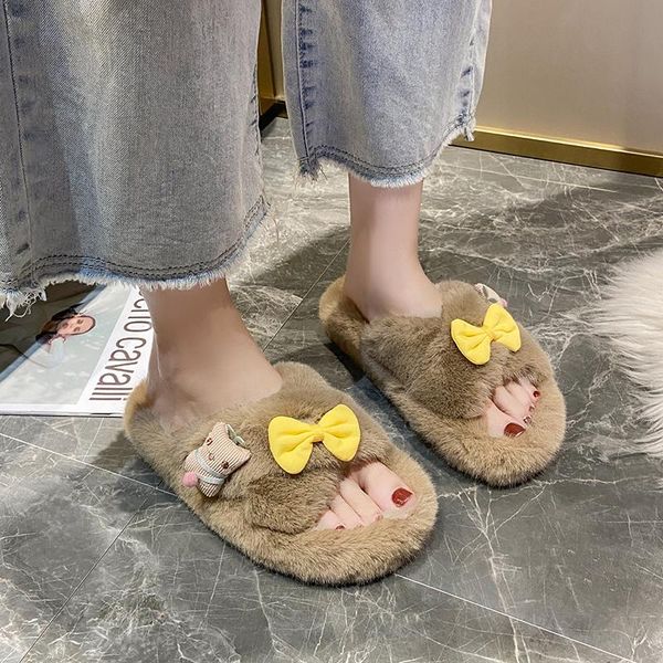 

slippers 2021 warm plush winter women bowknot cross fur flat house woman indood furry slide shoes household flats, Black