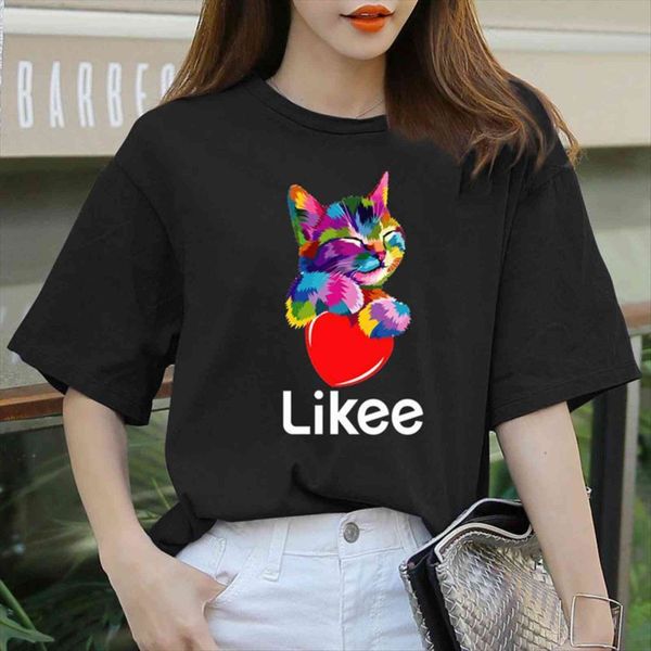 

likee app heart cat cool womens t shirt fun tee rainbow women funny clothes, White