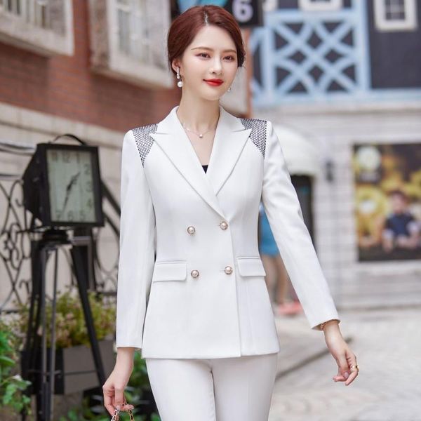 

women's two piece pants 2021 autumn and winter professional wear casual office sets double breasted ladies jacket two-piece fashion tro, White