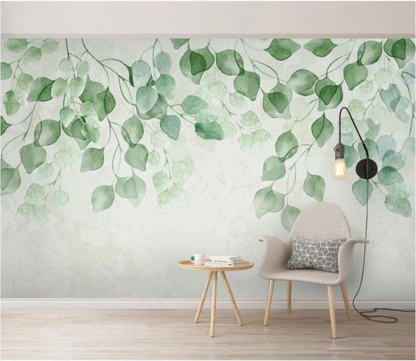 

xue su large custom mural wallpaper fresh green leaves watercolor hand painted rural tv background wall covering