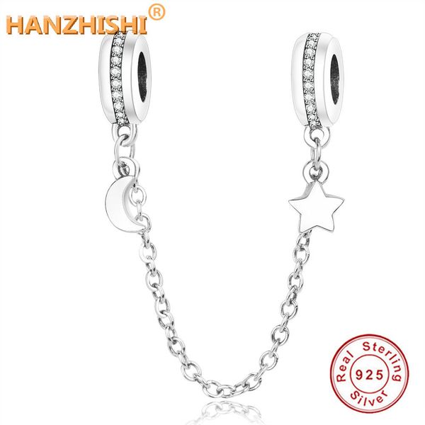 

authentic 925 sterling silver moon star dangle safety chain charm beads fits original pandora charm bracelet diy jewelry making q0531, Black