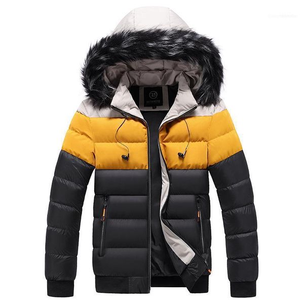 

men casual parka jackets fur collar 2021 winter mens warm thick outwear coats solid splice hooded windbreak jacket removable1, Black