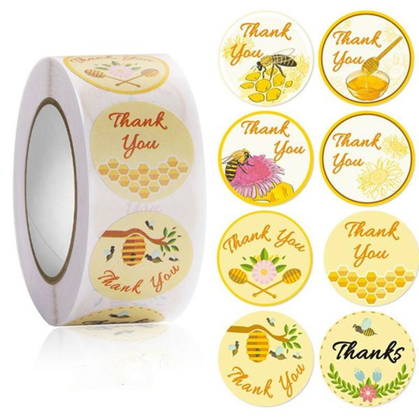 Regalo Wrap 500pcs Honey Bee Grazie Stickers Decor Decor Giorno Giorno del Ringraziamento Circolo Roll Rotolo Etichetta Chrome Carta da sposa Small Business Tag