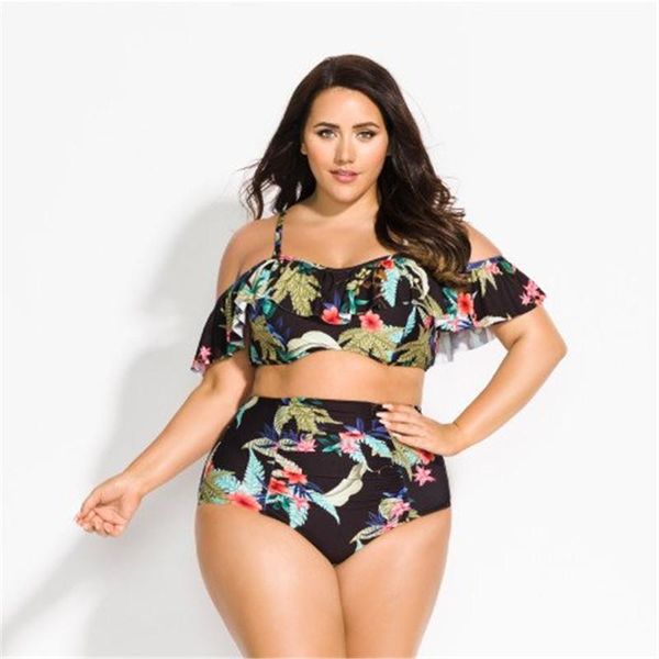 

plus size off shoulder ruffle bikini set women 2021 swimsuit push up high waist swimwear print floral large size bathing suits
