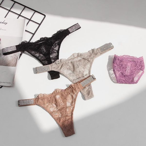 

women's panties breathable rhinestone lace low-waisted women underwear thongs nylon european style lingerie 1pcs, Black;pink