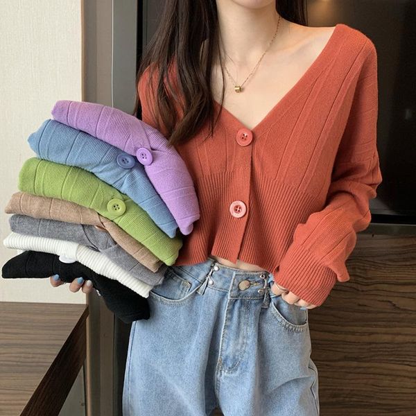 

2021 spring autumn cardigans women v-neck long sleeve knitted short crop solid color slim casual sweater cardigan coat, White