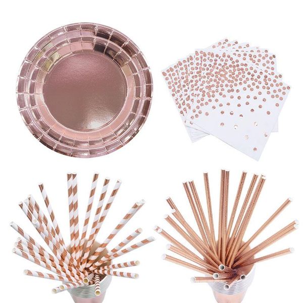 

disposable dinnerware rose gold plates paper cups straws napkin tableware set birthday party decoration supplies baby shower
