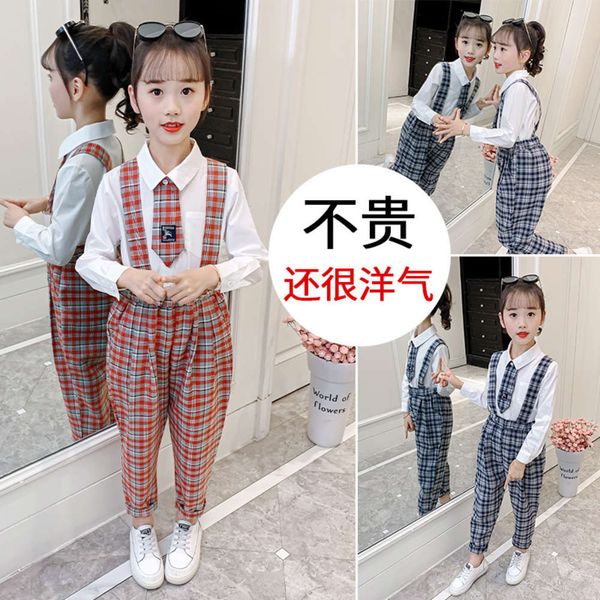 

girls' plaid trousers suit spring 2021 new children's two piece set, Blue