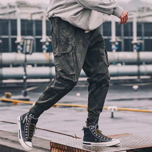 

men's pants cargo men camouflage trousers multi-pocket army work hip hop streetwear camo joggers, Black