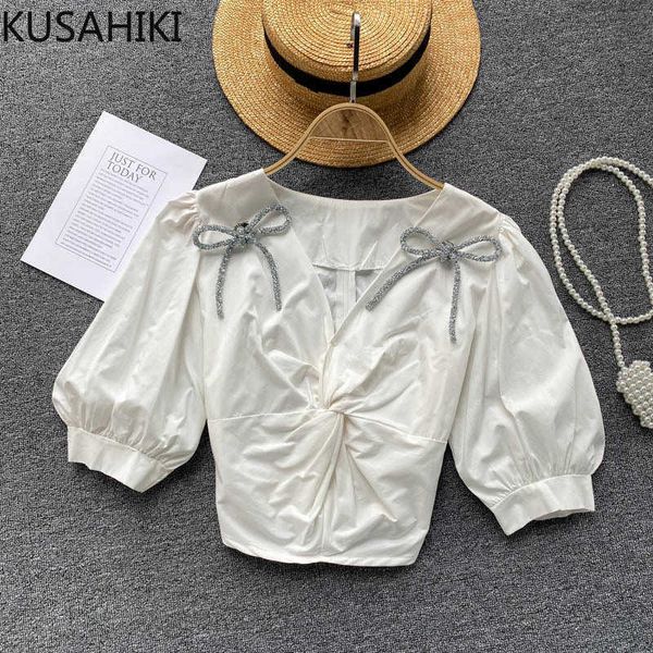 

kusahiki short womens korean diamonds bowknot shirt twisted v-neck puff sleeve blouse summer blusas 6g937 210602, White