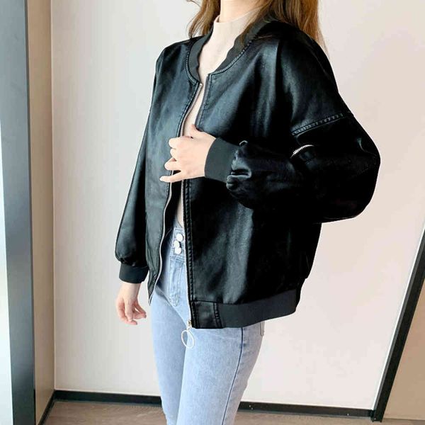 

leather jacket high fashion men belt spring and autumn bf style baseball thin zipper fashion, Black