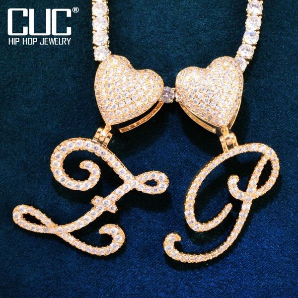 

chains single heart bail cursive letter pendant necklace for men women with 4mm tennis chain cubic zirconia hip hop jewelry a~z, Silver