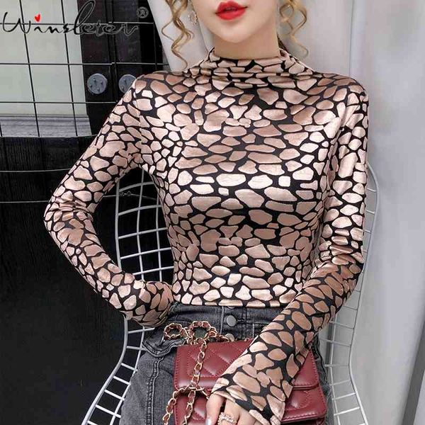 

women's t-shirt spring summer korean style women chic mock neck transparent print elastic bottoming shirt girl tees t0n4, White