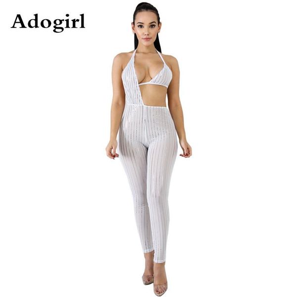 

women's jumpsuits & rompers stripe sequined sheer mesh bandage jumpsuit front cut out halter neck skinny backless night club party wear, Black;white