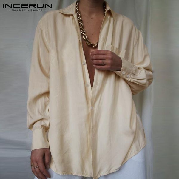 

men's casual shirts incerun solid color men shirt turn down collar long sleeve streetwear clothing pockets loose camisa masculina 2021, White;black