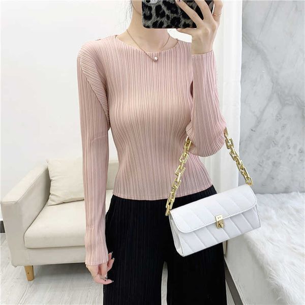 

sanzhai autumn 2021 pleated long sleeve t-shirt slim urban casual women's wear, White