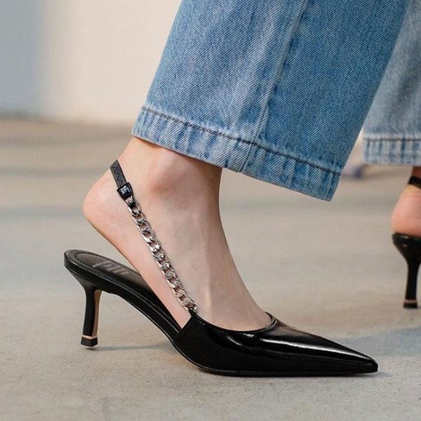 

dress shoes patent leather pumps women pointed toe chain design heel ladies stiletto high heels wedding, Black