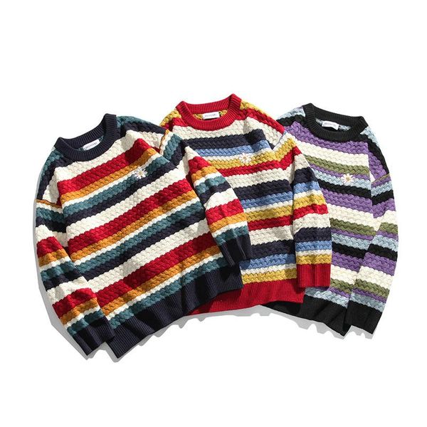 

men's sweaters rainbow stripe loose couples korean version autumn winter sweater male daisy pullover, White;black