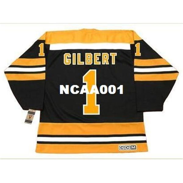 

001s #1 gilles gilbert boston bruins 1974 ccm vintage away hockey jersey or custom any name or number retro jersey, Black