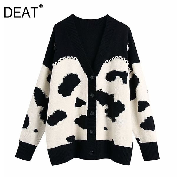 [Deat] moda primavera outono com decote em v manga comprida padrão de animal único-breasted tricô cardigan suéter 13c207 210527