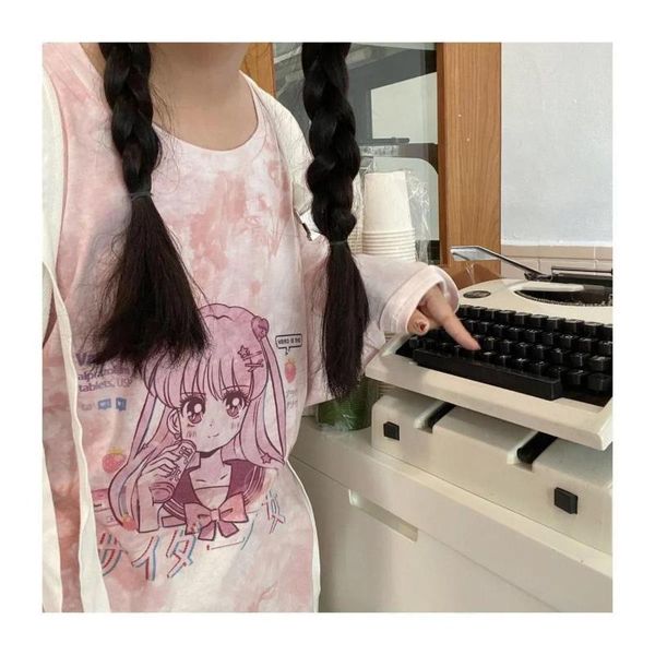 

women's t-shirt tie-dye gradient girl female student bottoming harajuku style autumn korean loose trend kawaii long-sleeved tshirt, White