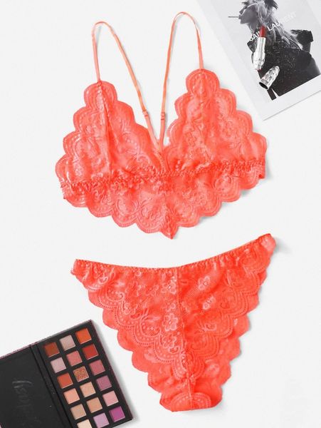 

plus floral lace scallop trim lingerie set 84hc#, Black;white