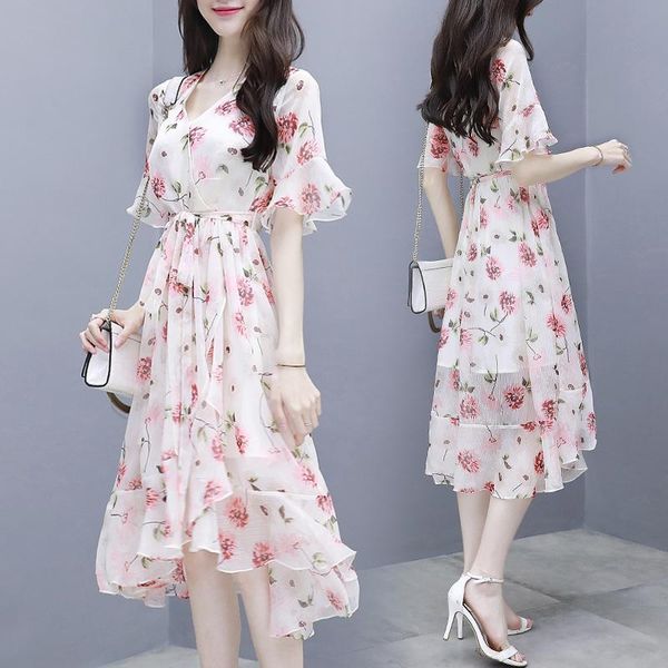 

new 2021 summer women dress casual party evening v neck high waist ruffles chiffon dresses elegant ladies floral vestidos, White;black