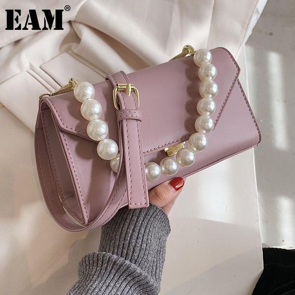 

shoulder bags [eam] women pearls chains handbag pu leather flap personality all-match crossbody bag fashion tide 2021 18a2087