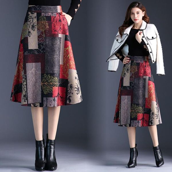 

skirts hayblst brand woman skirt 2021 autumn winter womens clothes plus size korean style print tall waist woolen cloth clothing, Black