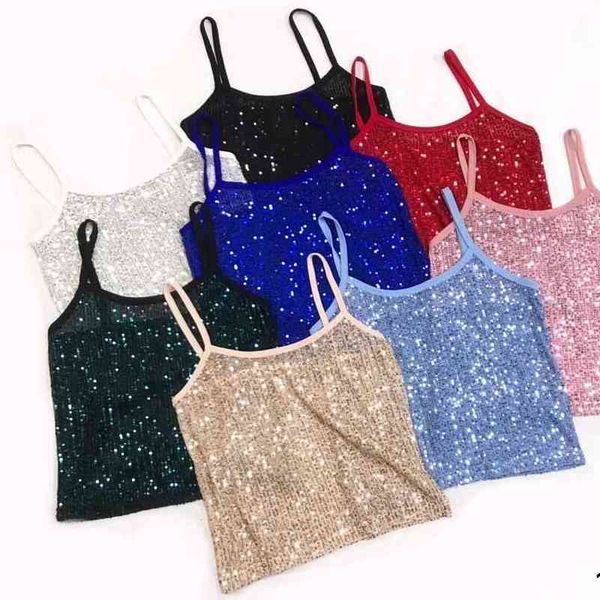 

sequined shinning elasticity camis crop girls spring summer fashion sleeveless tshirts tanks for women, White