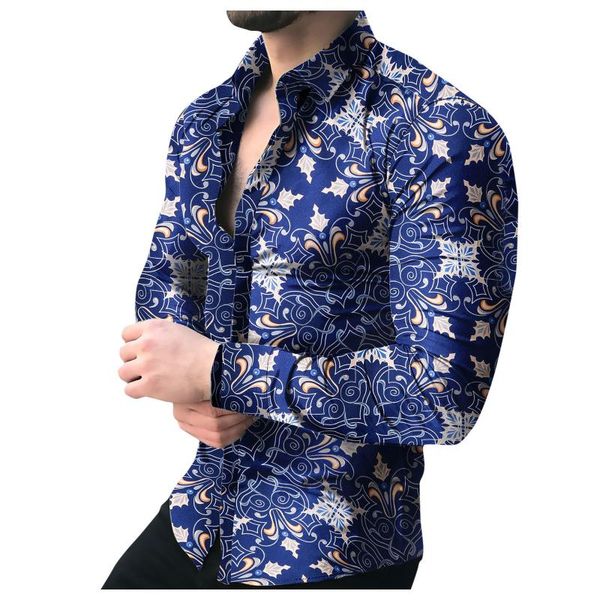 

men's casual shirts 2021 autumn winter shirt chains vintage print long sleeve button turn-down collar, White;black