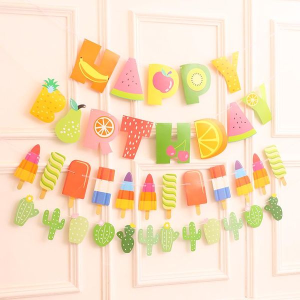

party decoration 1 set paperboard fruit pattern happy birthday banners cactus ice cream hanging buntings flags summer diy favors