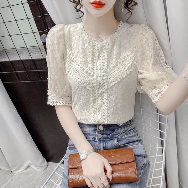 

women's blouses & shirts summer short-sleeved lace shirt women 2021 dress age reduction waist western style, White