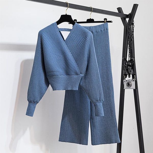 

two piece dress fall winter shiny knitted pullovers and pants 2 set women big v-neck batwing sleeve sweater long sets, White